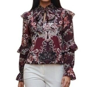🆕 BEBE Dark Plum Baroque Print Tiered Ruffle Sleeves Blouse EUC Size Medium